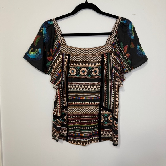 Farm Rio for Anthropologie Boho Embroidered Peasant Top Sz S Ethnic Tribal Print - Picture 3 of 7